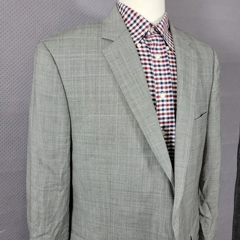 Tasso Elba Men's Sport Coat Blazer‎ Two Button Gray Plaid Shark Skin Wool 44R